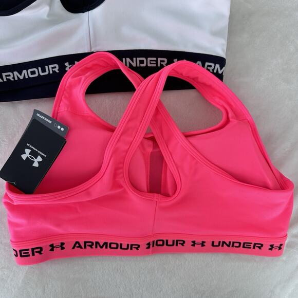 Under Armour Sports Bra Lot Women 2X Cross Back Mid Print Black Pink Compression - Picture 6 of 10